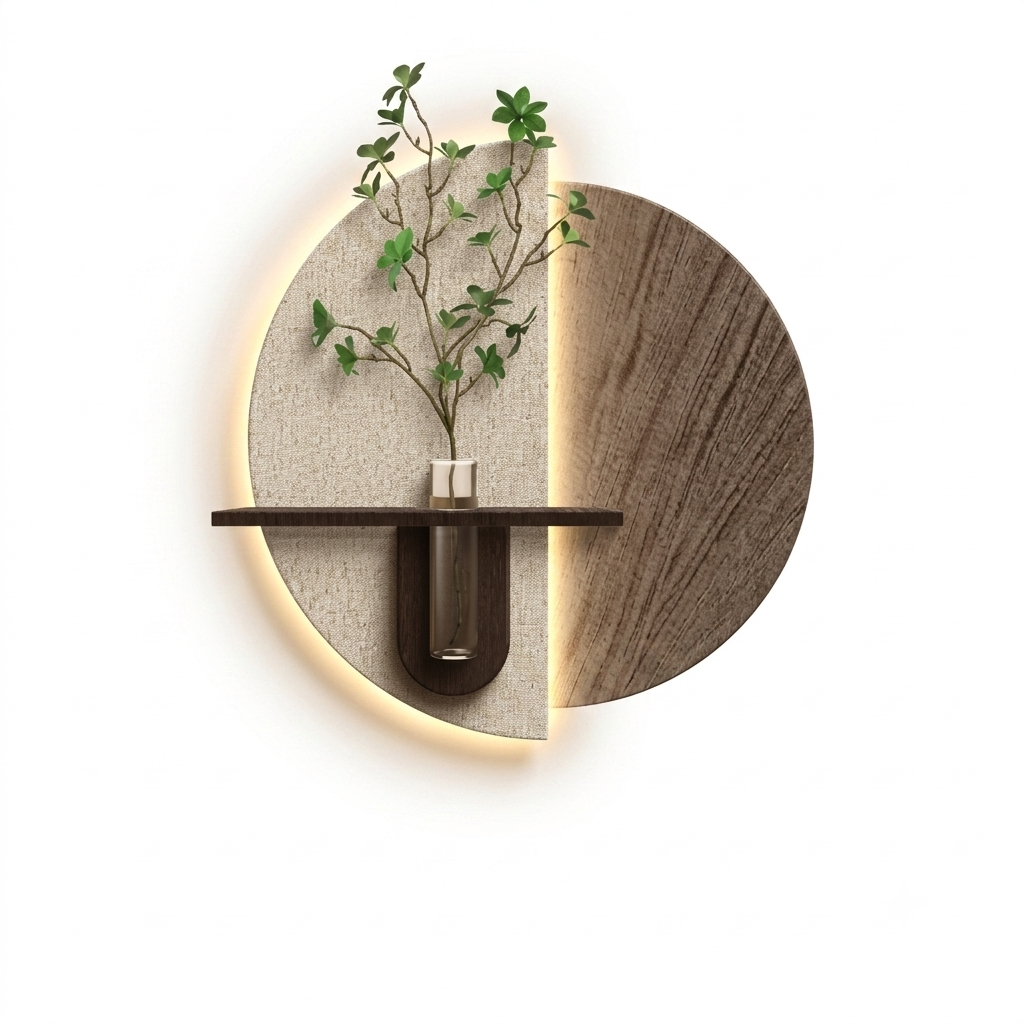 Eclipse Geometric LED Wall Art Plaque – Modern Textured Wood & Fabric Backlit Sconce Panel