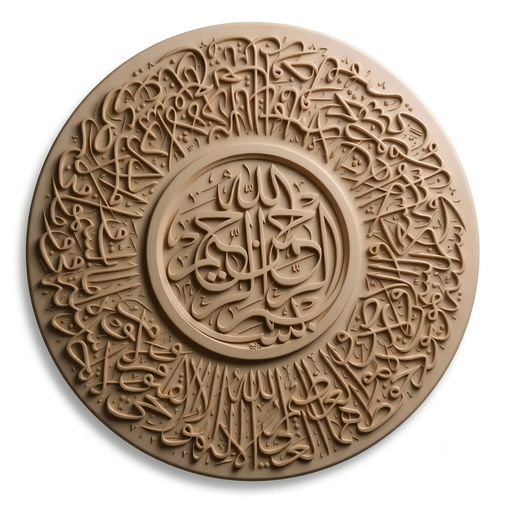 Round Islamic Wall Art – 3D Carved Arabic Calligraphy Wooden Panel for Home Decor