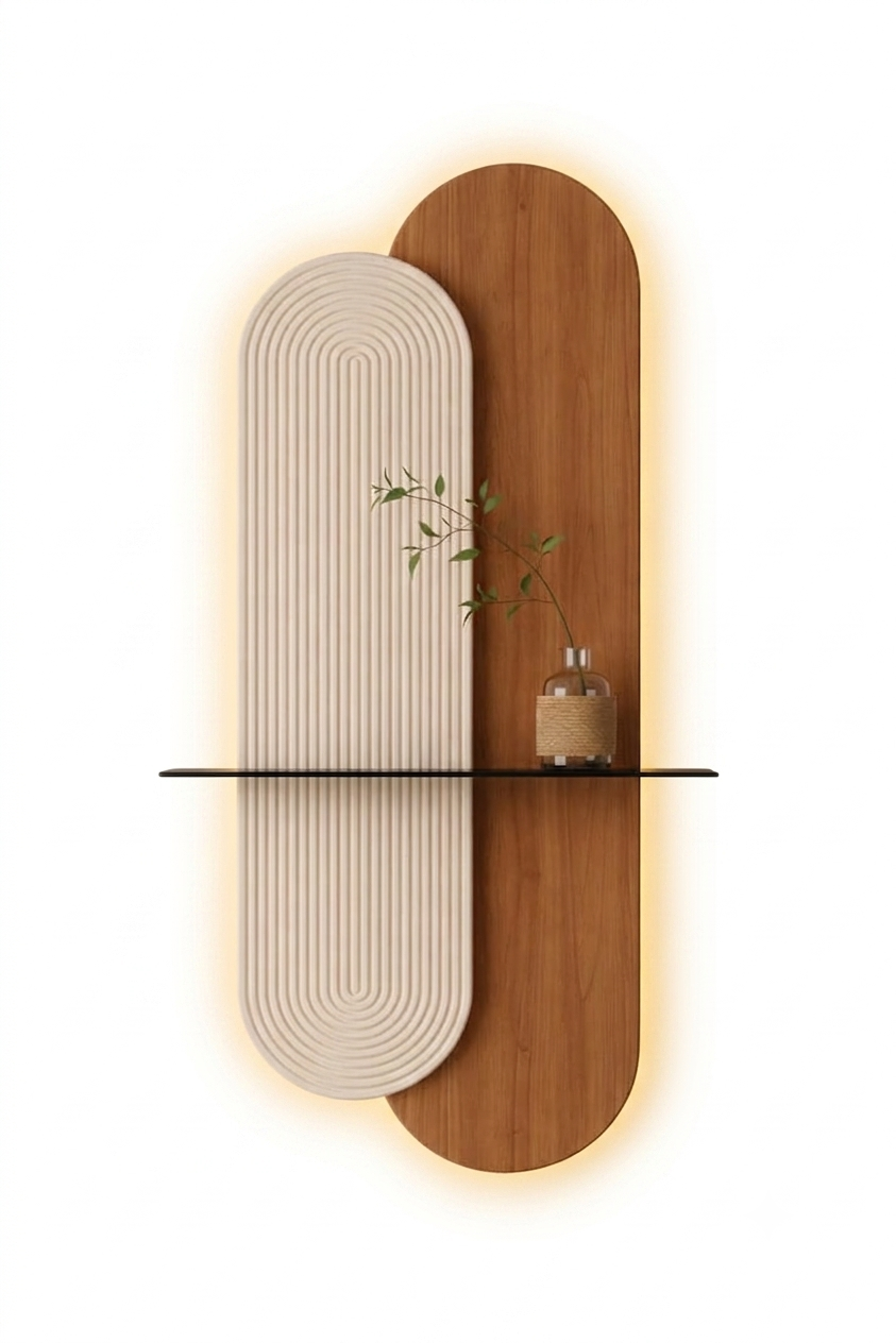 Luna Dual-Tone Arched LED Wall Art – Modern Fluted & Wood Grain Backlit Sconce Panel