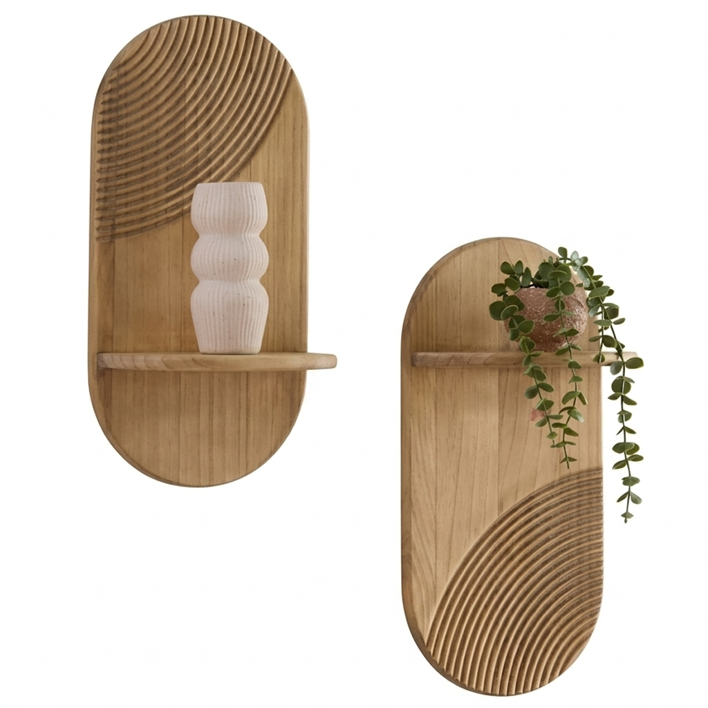 Nordic Fluted Oval Wooden Wall Shelves – Japandi Style Floating Plant Sconces (Set of 2)